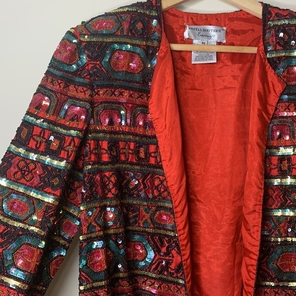 Papell Boutique || Vintage Heavily Beaded Sequin Silk Open Front Top Jacket M - Picture 3 of 17